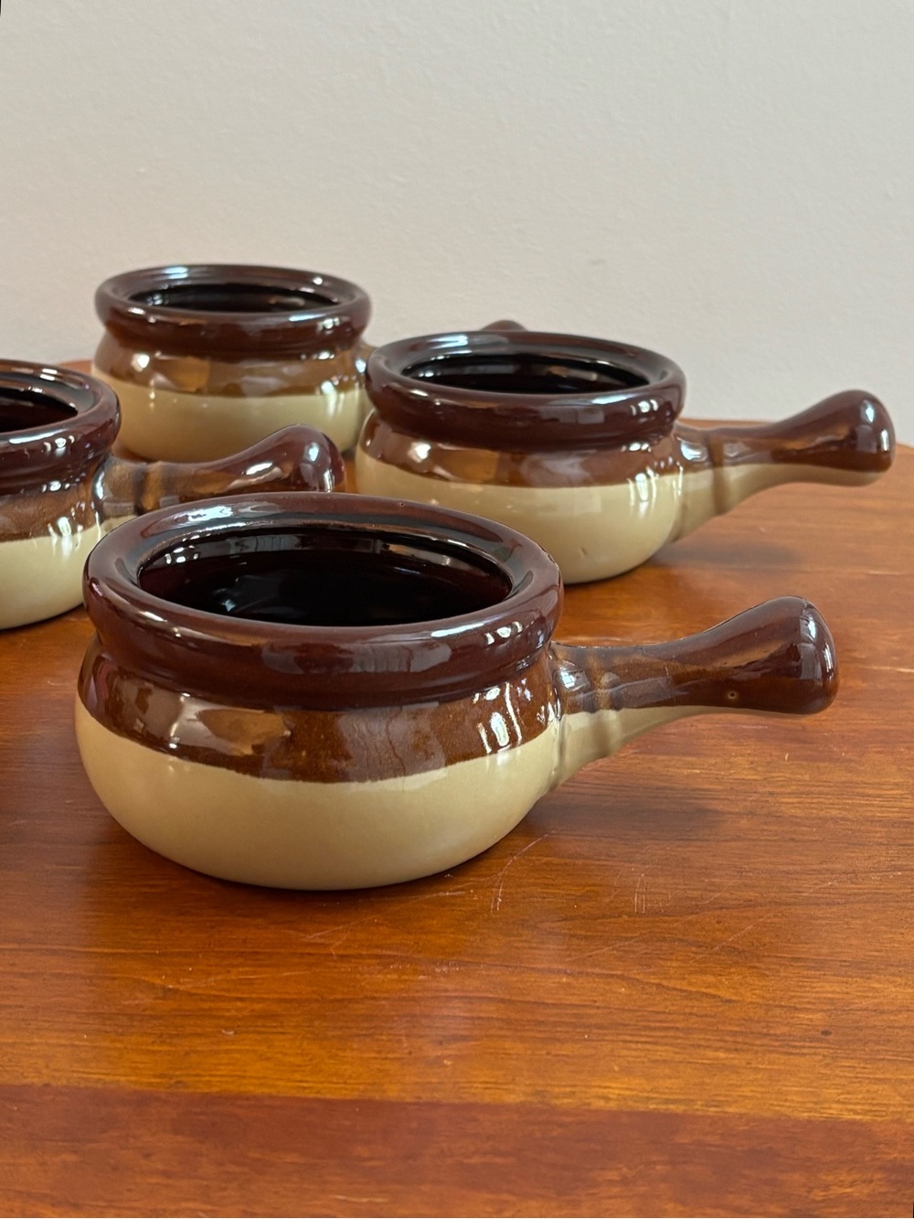 Vintage 1970's Set of 4 Earthenware Soup Bowls with Handles and Multi Tone Glaze